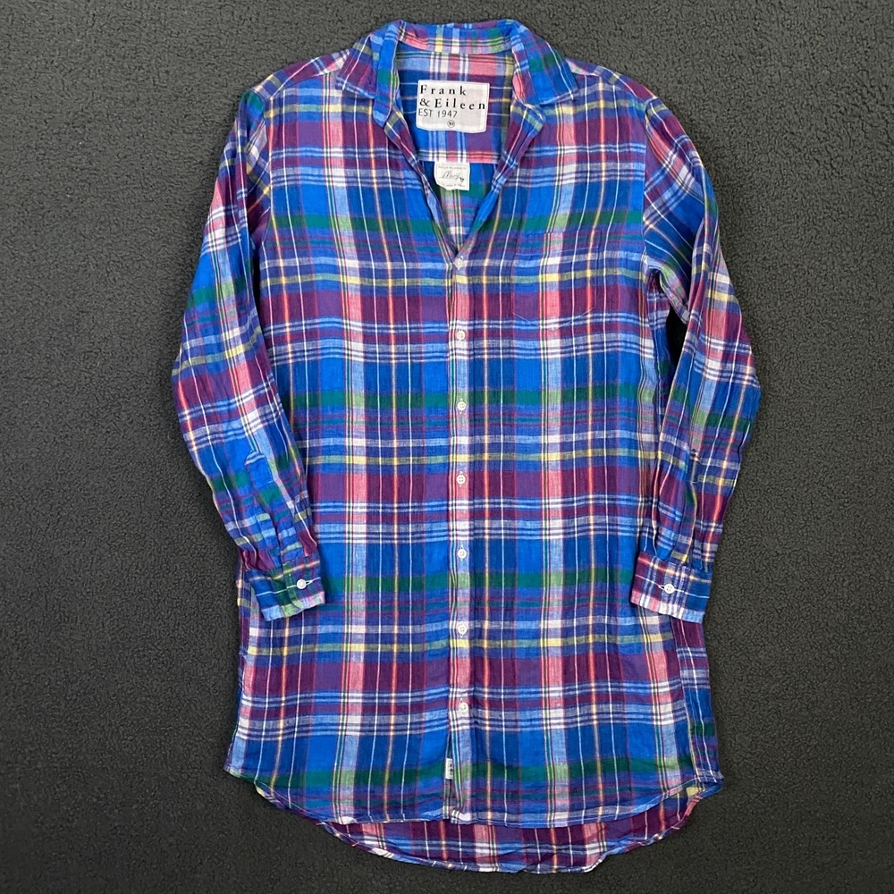 Frank & Eileen 100% Linen Mary Dress size XS Blue Plaid Button Up Spring Summer